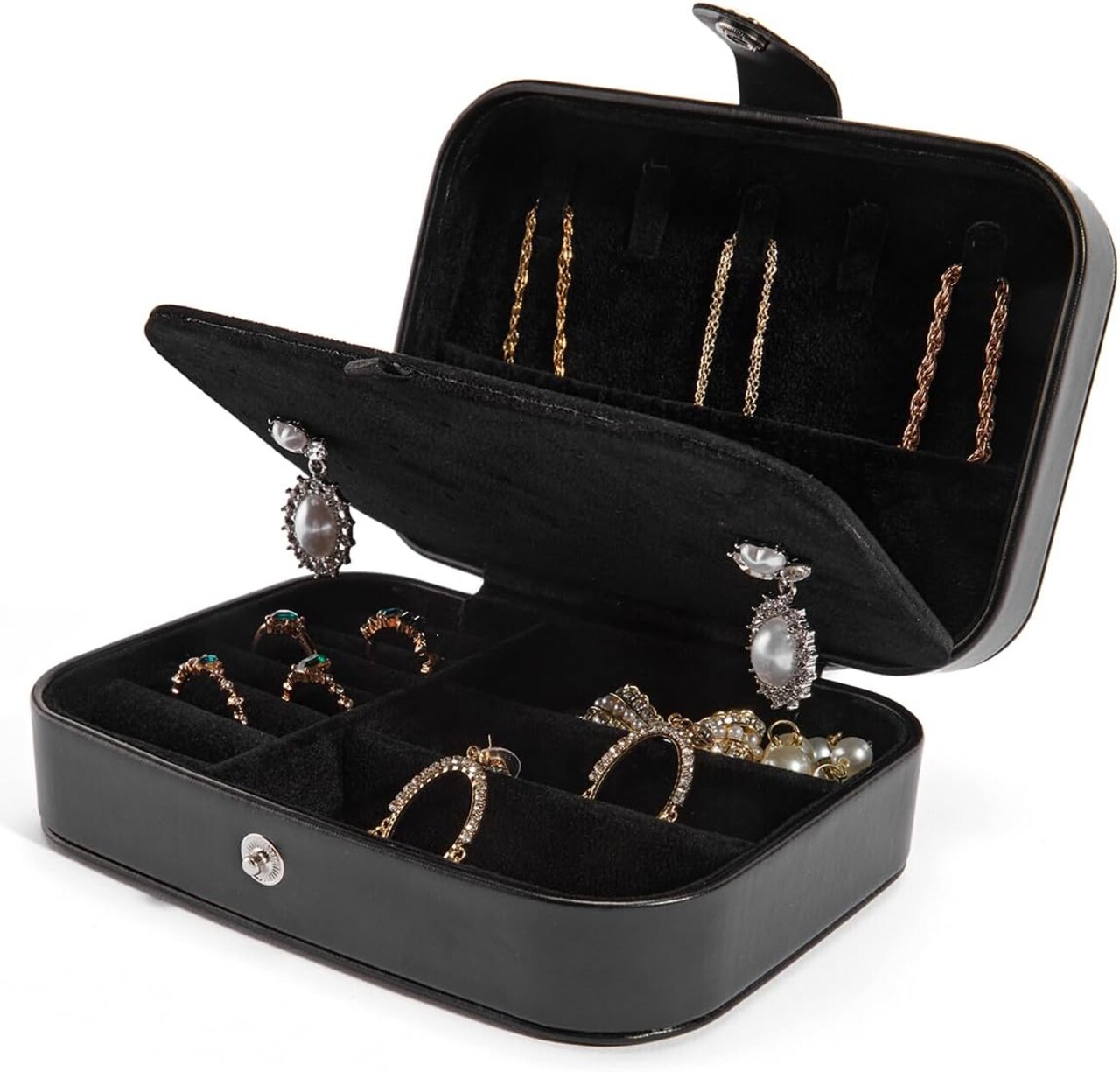 PU Leather Travel Jewelry Box – 2-Layer Portable Organizer for Rings, Earrings, Necklaces & Bracelets, Compact Storage Case for Women & Girls (Leather-Black2)